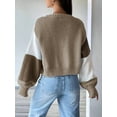 thumbnail image 3 of Women'S Color Block Open Front Long Sleeve Ribbed Knit Cropped Cardigan Sweaters Brown S, 3 of 8