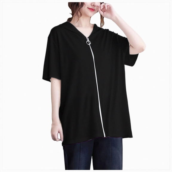 Paguaki Womens Tops Short Sleeve Hooded Zip Front Short Sleeve Summer Lightweight Casual Sweatshirt