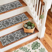 PURE ERA Soft Stair Treads Pad Cover 8"x30" PVC Cushioned Foam Pads Mat Tape Free Easy Clean(12 Pieces,Charcoal Gray Floral Prints)