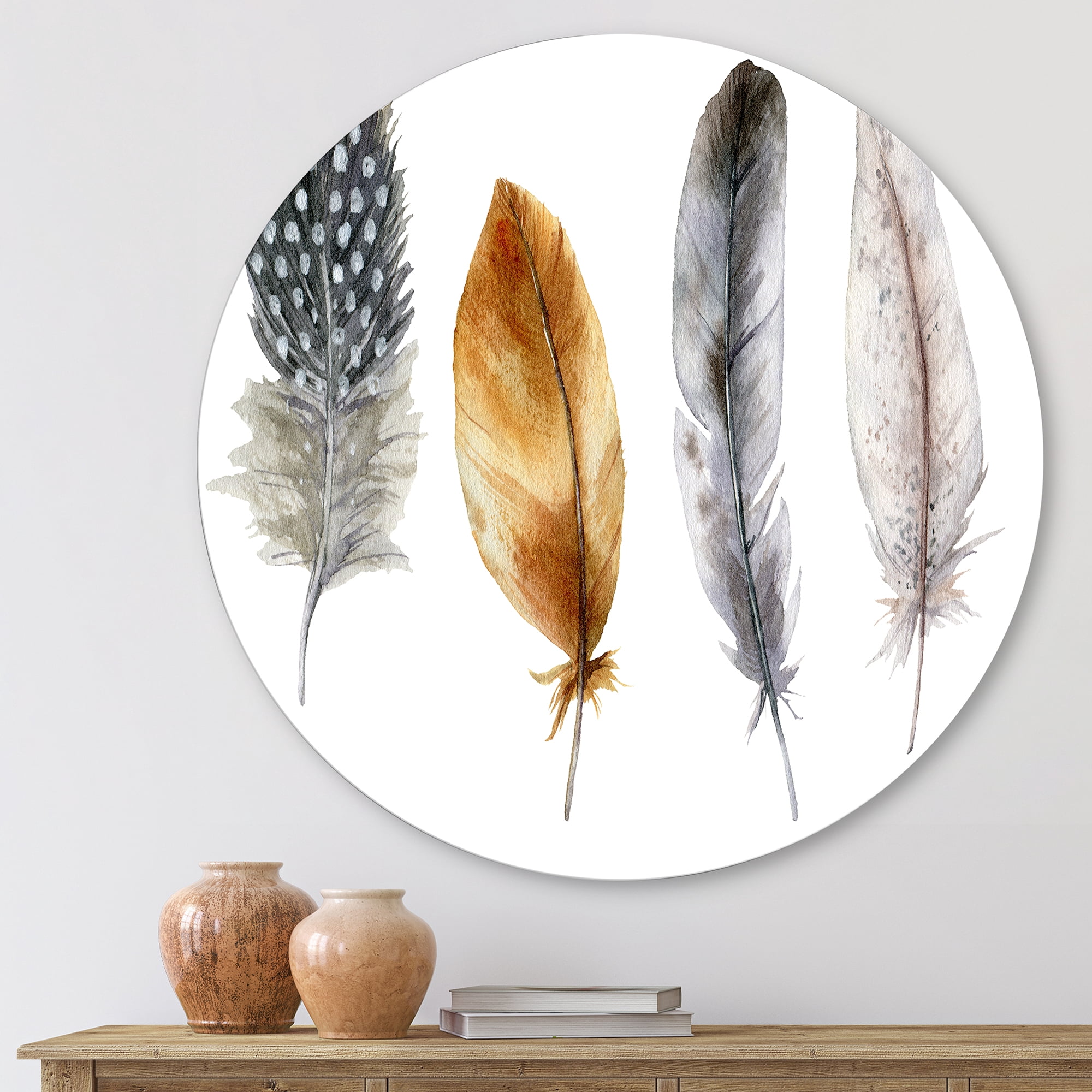 Designart 'Boho Feather In Blue and Orange Striped & Polka Dost' Bohemian & Eclectic Circle Metal Wall Art 11x11 - Disc of 11