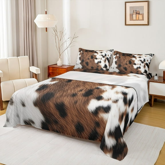 Manfei Cattle Hide Cowhide Twin Sheet Sets,Rustic Farmhouse Cabin Twin Fitted Sheet,Brown White Black Flat Sheet For Children,Breathable Home Decor,3 Pieces