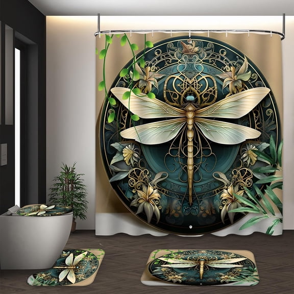 LVRLVR 1/4 Ornate Dragonfly & Botanical Mandala Floral Fabric Shower Curtain Rug Set - Plant Leaves Bath Mat Bathroom Decoration,Green, 70.8" × 70.8"