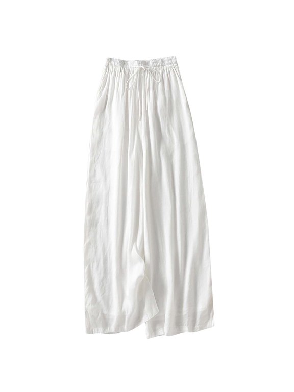 Women's Lightweight Pants Elastic High Waist Double-Layer Wide Leg Drawstring Ramie Pants Casual Baggy Cropped Pants (XXL, White)