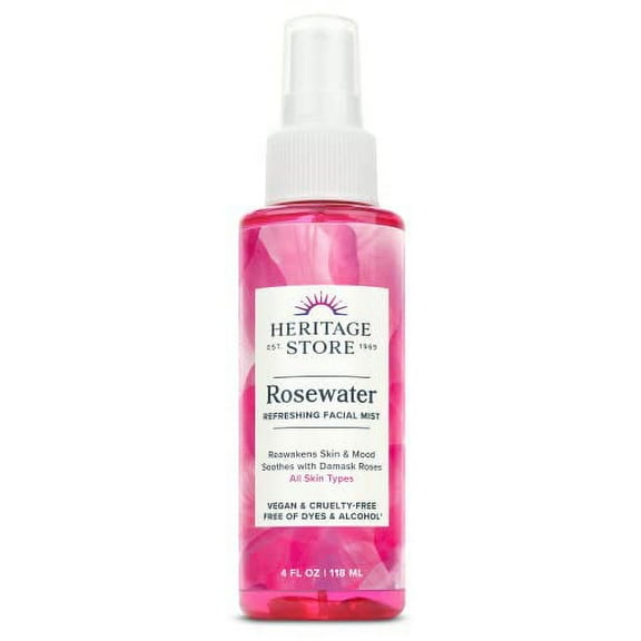 Heritage Store Rosewater, Refreshing Facial Mist for Glowing Skin, with Damask Rose Oil, All Skin Types, Rose Water Spray for Face Made Without Dyes or Alcohol, Vegan & Cruelty Free, 4oz