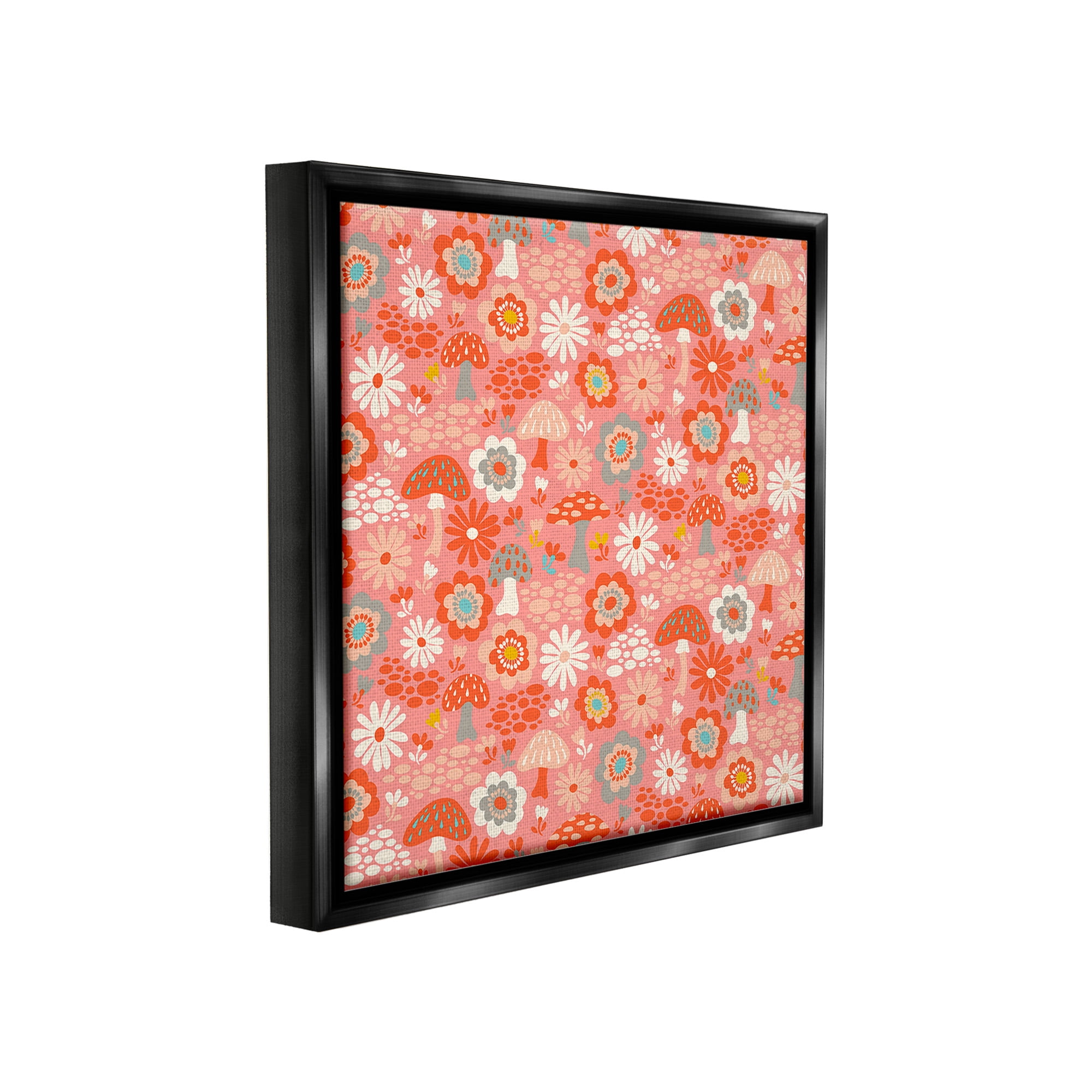 Stupell Industries Mushroom & Floral Pattern Botanical & Floral Painting Black Floater Framed Canvas Art Print Wall Art, 25 x 25