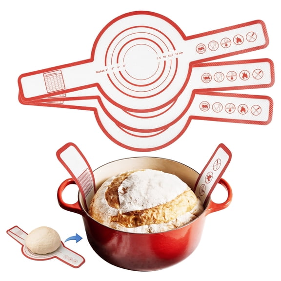 3Pcs Silicone Baking Mat Set, Sourdough Bread Sling Set, Round Non-Stick Silicone Mats for Dutch Ovens, Bread Mat & Bread Sling with Extra-Long Handle