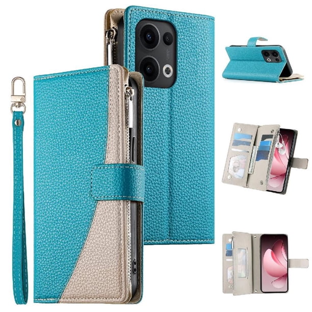 Funda cartera GANGXUN para OPPO Reno 13 , cuero PU con tarjetero, cremallera, correa de mano, soporte y protección 718°