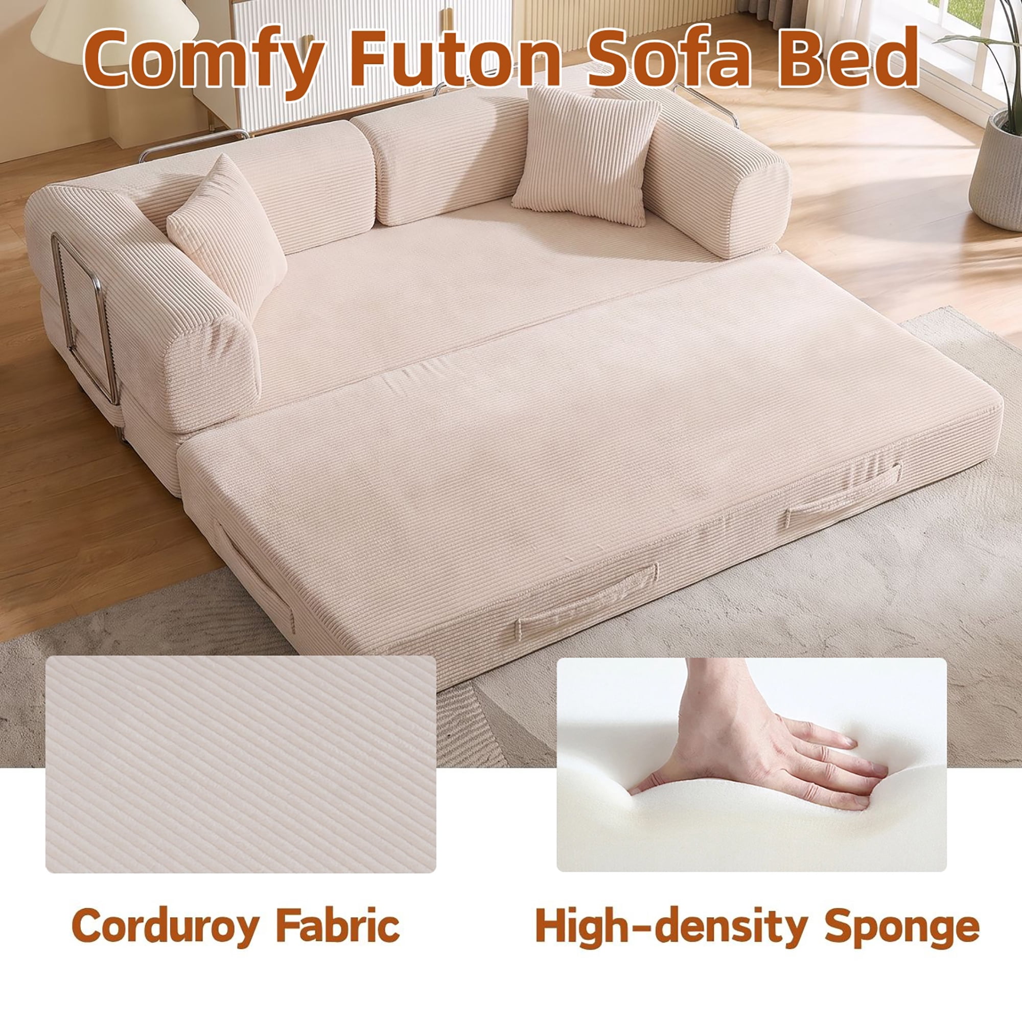 HOQBN Convertible Sofa Bed, Corduroy Fold Out Futon Sleeper Mattress with Pillows, Boneless Folding Floor Couch for Living Room Bedroom Beige