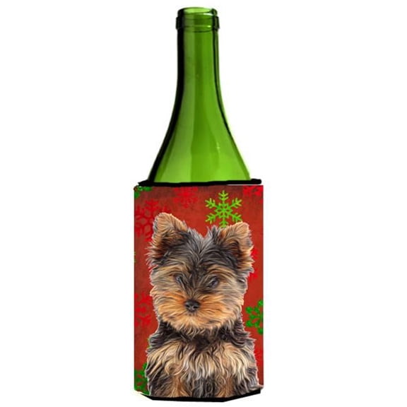 Red Snowflakes Holiday Christmas Yorkie Puppy & Yorkshire Terrier Wine bottle sleeve Hugger