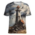 thumbnail image 5 of Lighthouse Sunrise Coast Scenery Pale Blue Tan Women's Short Sleeve T-Shirt Crew Neck Casual Summer Trendy Loose Fit Tops, 5 of 6