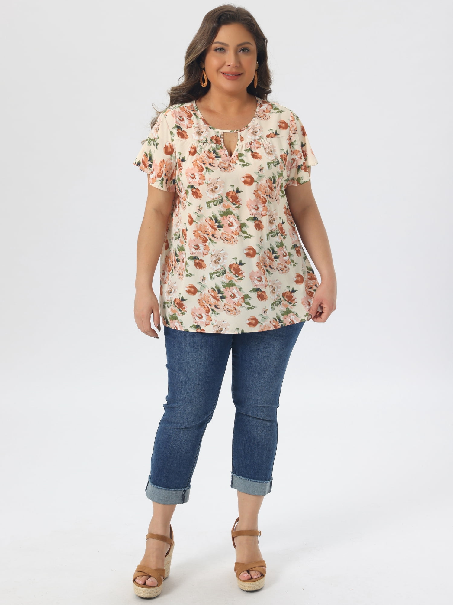 DARING DIVA Women's Plus Ruffle Short Sleeve Keyhole Chiffon Blouse 4X Apricot