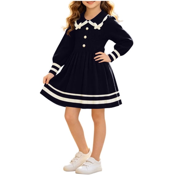 Long Sleeve Knitted Dresses Girls Princess Pleated Sweater Dress Ribbed Cute Fall Winter School Uniforms Navy, Size 5 Y