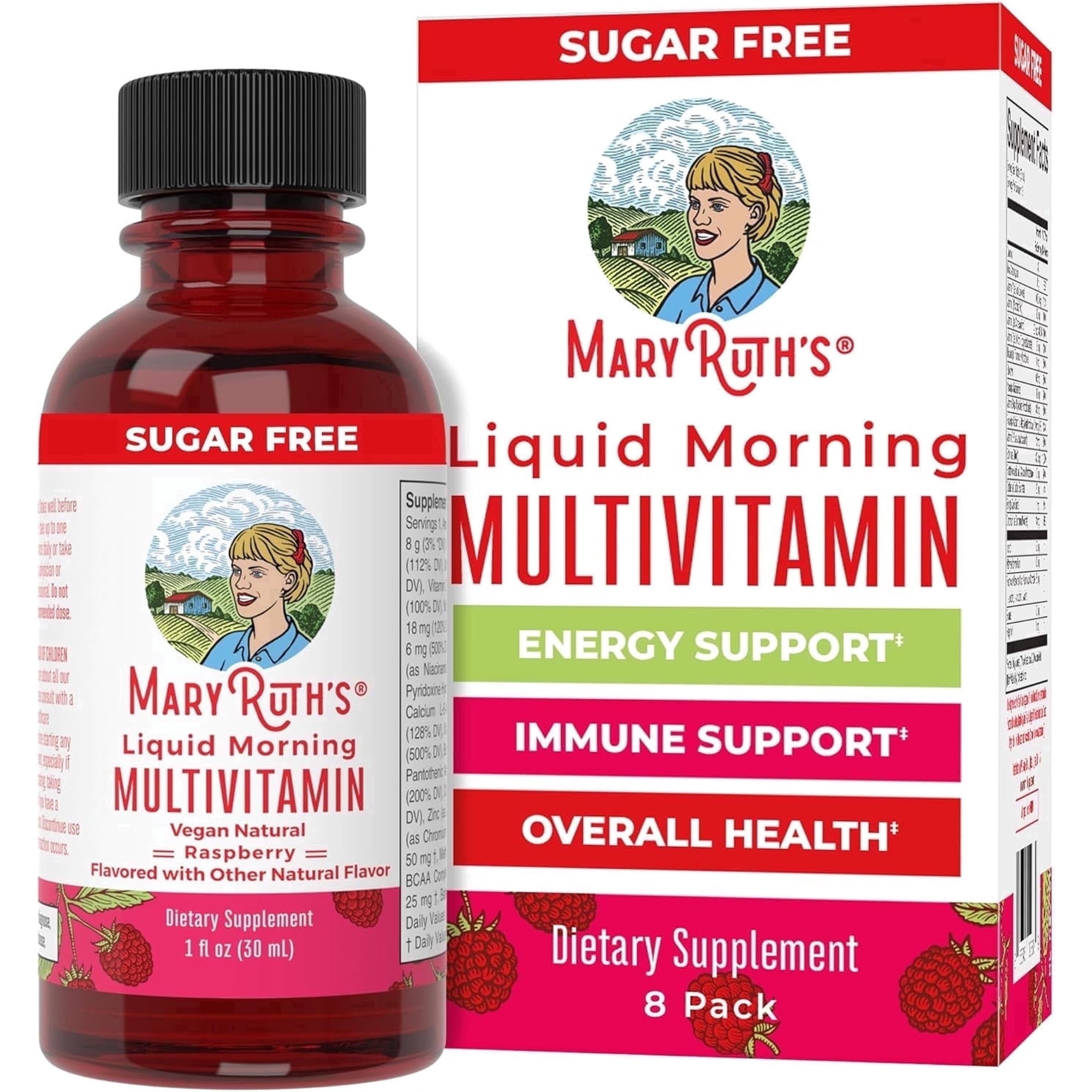MaryRuth's Liquid Morning Multivitamin Raspberry Adults and Kids, General Health and Wellness, Immune Support, Overall Health, Vegan, 8-Pack 1 oz