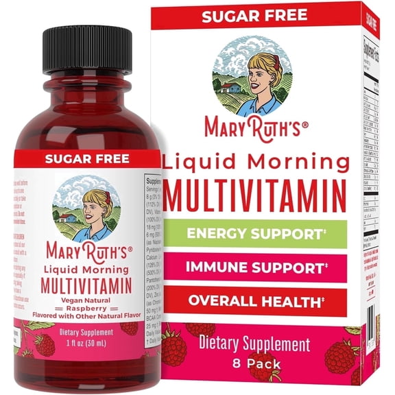 MaryRuth's Liquid Morning Multivitamin Raspberry Adults and Kids, General Health and Wellness, Immune Support, Overall Health, Vegan, 8-Pack 1 oz