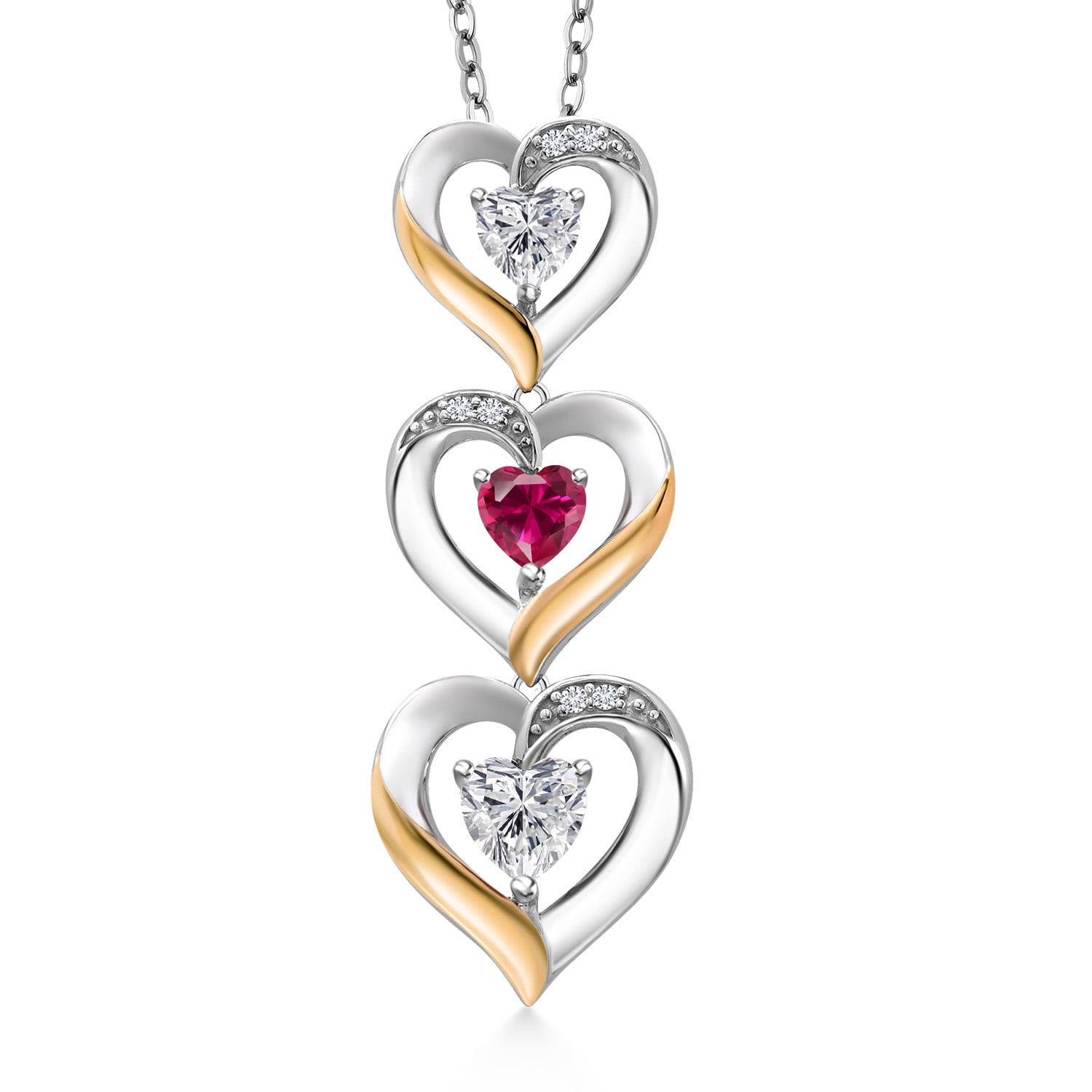 Gem Stone King 925 Silver and 10K Yellow Gold Lab Grown Diamond and Red Created Ruby Pendant Necklace for Women | 0.97 Cttw | Gemstone April Birthstone | Heart Shape 5MM | With 18 inch Silver Chain