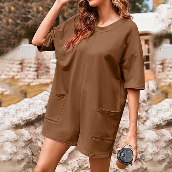 ClodeEU Womens Plus Size Crewneck Short Sleeve Sport Romper Reversible Jumpsuit with Pockets Coffee,Womens Plus L