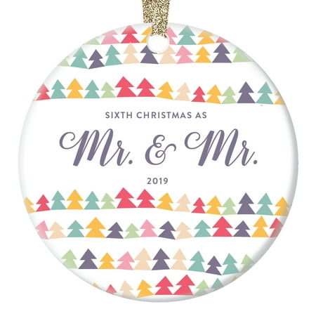 Six Years as Mr & Mr Gifts Gay Ornament 2019 6th Christmas Married Wedding Anniversary Keepsake Ideas Husband Partners Best Friends Cheerful Rainbow Abstract Trees Ceramic 3