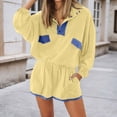 thumbnail image 2 of Curuila Womens Two Piece Set Long Sleeve Button High Neck Solid Color Pullover Elastic Waist Shorts With Pocket Fashion Comfort Outfit Set Yellow Size L, 2 of 5