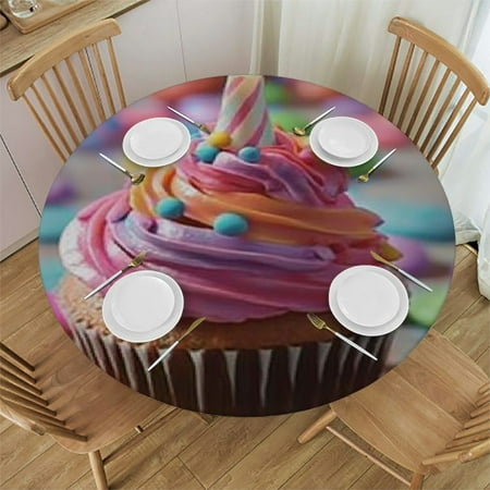 

Sheronv Candies Cupcakes Candle Round Table Cover Stain Resistant Washable Indoor Outdoor Tablecloth Kitchen Dining Wedding Parties 100% Polyester Waterproof Outdoor Fitted 54 -58
