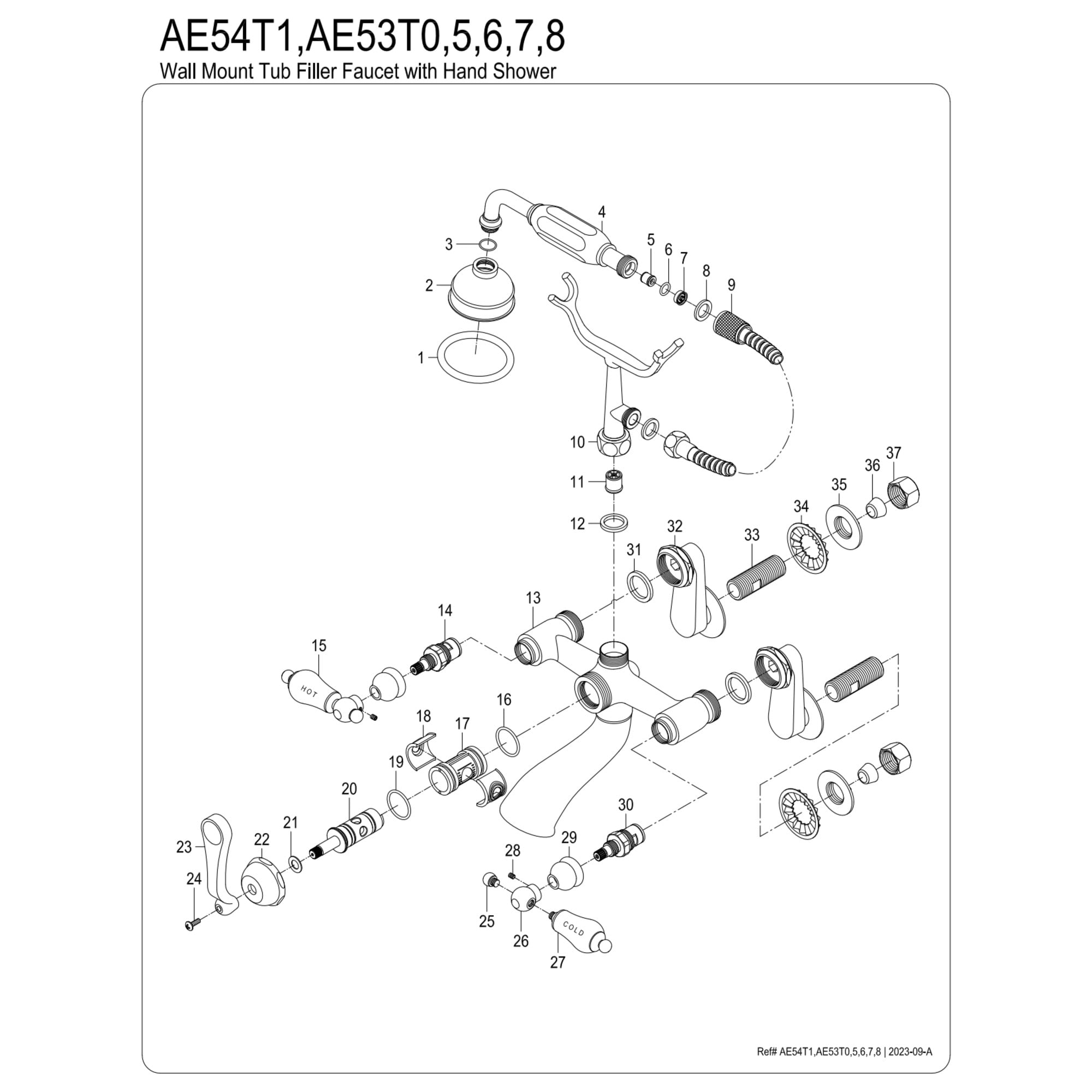 Kingston Brass AE53T7 Aqua Vintage Wall Mount Tub Faucet with Hand Shower, Brushed Brass