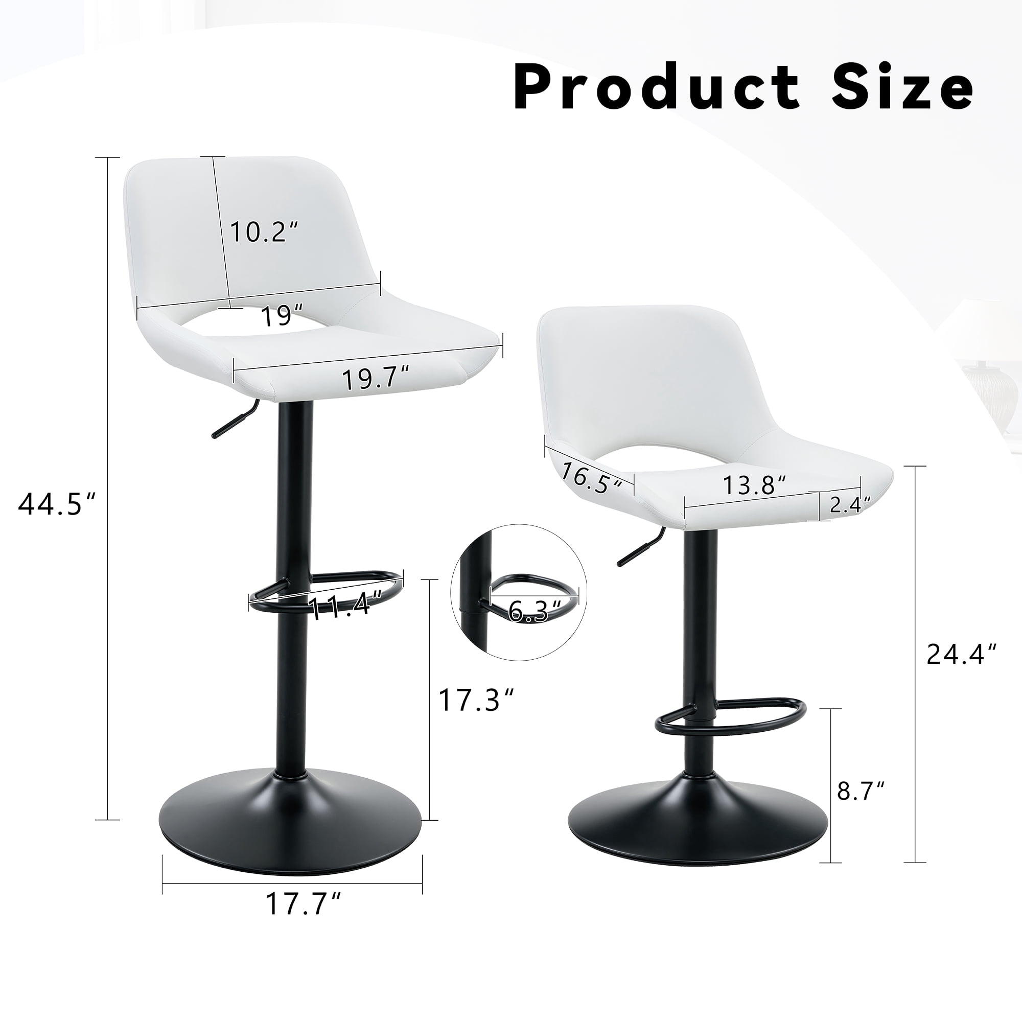 Mintazer Modern Bar Stools Set of 2, 360° Swivel PU Leather Bar Chairs with Circular Footrest & Adjustable Height, Counter Height Stools for Kitchen Island & Home Bar, White