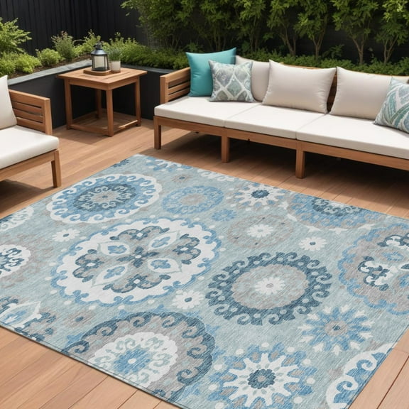 8' X 10' Sky Blue And Denim Blue Floral Medallion Washable Indoor Outdoor Area Rug