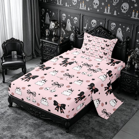 Erosebridal Spooky Bows Twin Sheets 3pcs,Cute Halloween Bedding,Pink,1 Flat Sheet, 1 Fitted Sheet and 1 Pillowcase