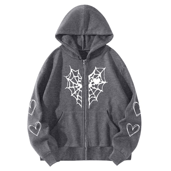 Bibifish Womens Hoodies Spider Web & Heart Print Full Long Sleeve Zip Up Hooded With Side Pocket Loose Fit Casual Street Style Edgy Trendy Hoodies