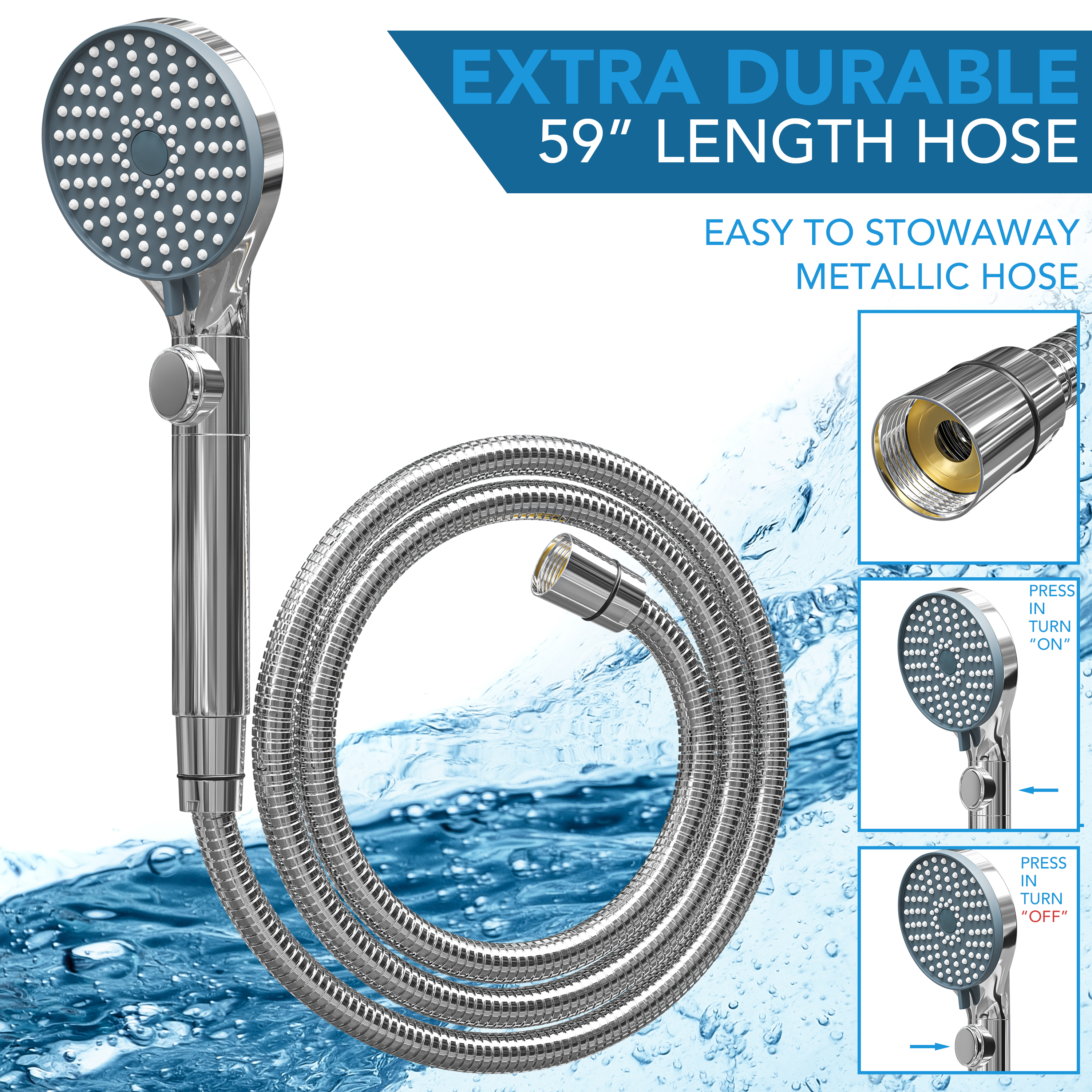 RV Shower Head with Hose ABS Outdoor RV Shower Hose Kit Replacement with ON/OFF Switch for RV, Trailer, Campers, Motorhomes, Fifth Wheels, Boats (Chrome)
