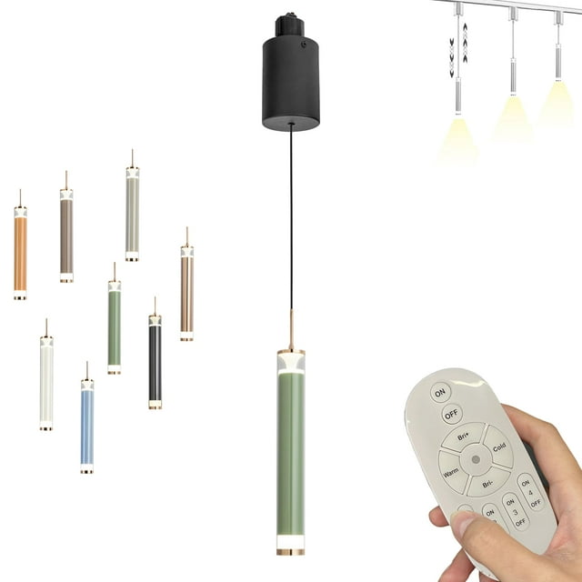 FSLiving Suspension de Rail à Hauteur Réglable Type J, Suspension de Rail à Levage Rétractable avec Télécommande et Gradation Continue, Lumière Intérieure pour Îlot, Fil Ajustable, Lampe Droite, Vert - 1 Lumière