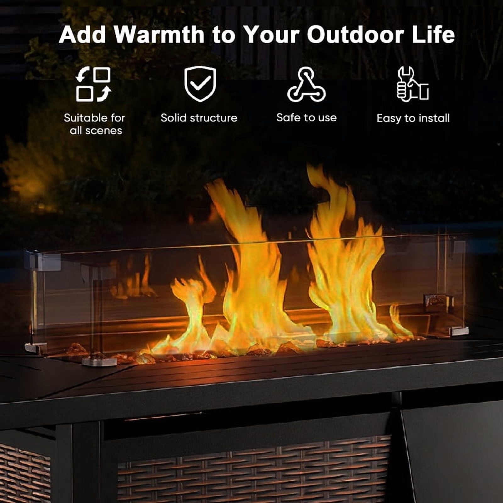 Giantfurnni 43" Propane Fire Pit Table with Lid, Outdoor Metal 50,000 BTUs Rectangle Gas Fire Pit Table with Glass Wind Guard and Lava Rocks for Balcony Porch Deck