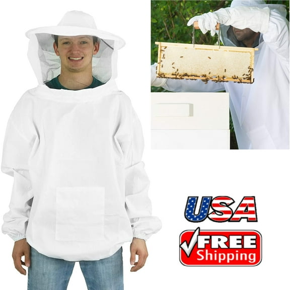 Beekeeping Jacket Premium Beekeeper Pull Over Suit Coat Outfit with Protective Veil Smock Hood for Beginner & Commercial Bee Keepers
