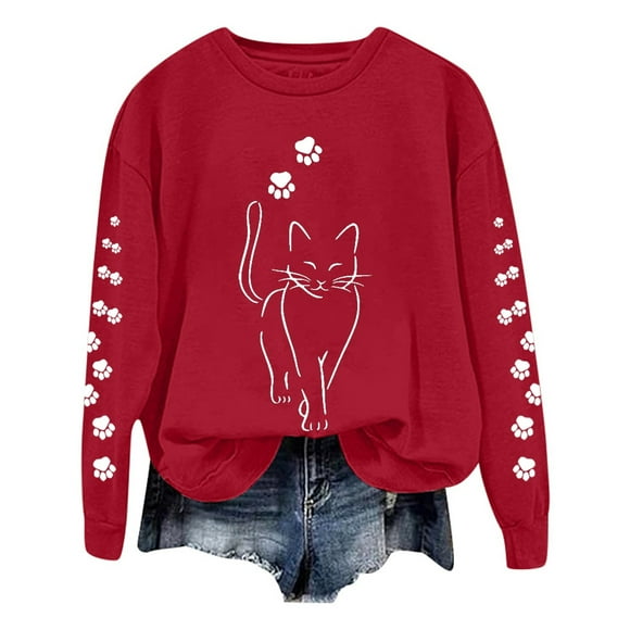 Aocisk Women's Casual Cute Cat Printed Long Sleeve Loose Pullover Sweatshirt Comfortable and Stylish Blouse Red S