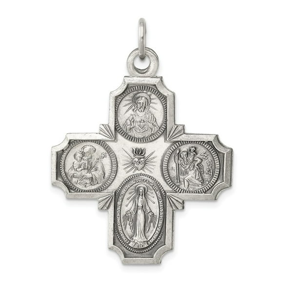 White Sterling Silver Charm Pendant 35 mm 30 Antiqued 4-Way Medal