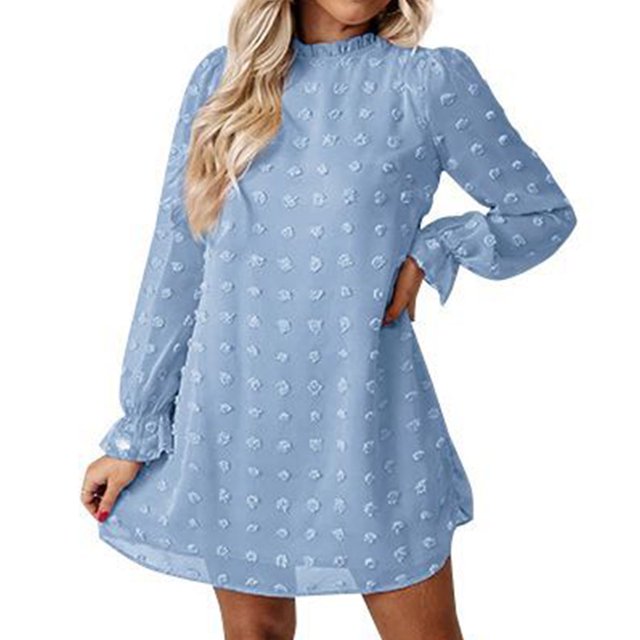 Vestido de manga larga para mujer, elegante, dulce, con lunares, línea A, verano, otoño, informal, suelto, moda, tela de fiesta, azul claro S