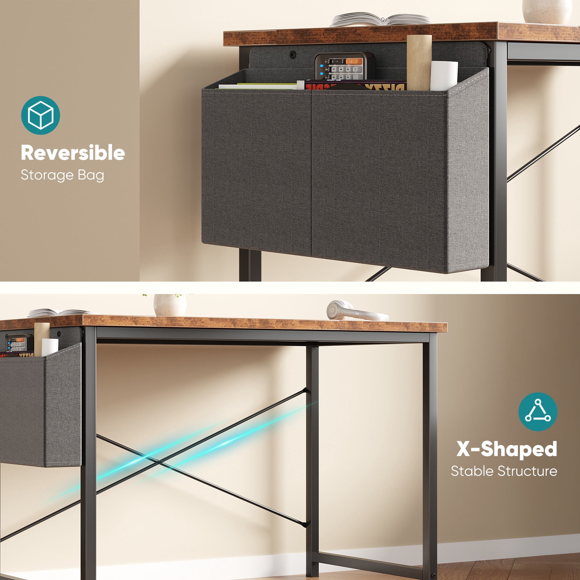 Gianna 55" Computer Desk with Metal Frame, Waterproof Surface and Storage Bag – Perfect for Office Use, Rust Brown