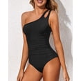 thumbnail image 4 of One Shoulder One Piece Swimsuit for Women Tummy Control Bathing Suits Modest Full Coverage Keyhole Swimwear Black, 4 of 5