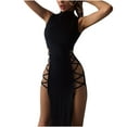 thumbnail image 3 of TIHLMK Black Dress Ladies High-Neck Solid Color Slim High-Slit Lace-Up Vest Dress, 3 of 9