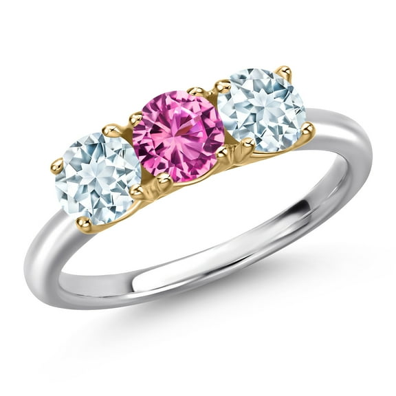 Gem Stone King 10K Two Tone Gold Pink Created Sapphire and Sky Blue Aquamarine Engagement Ring for Women | 1.55 Cttw | Round 5MM | Gemstone September Birthstone | Size 5