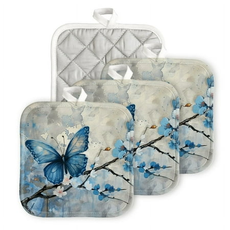 

Bahomeck Pot Holder 4Pcs Blue Butterfly On White Cherry Blossom Branch Square Heat Resistant Hot Pads For Kitchen Cooking Oven With Hanging Loop Potholder Easy To Store