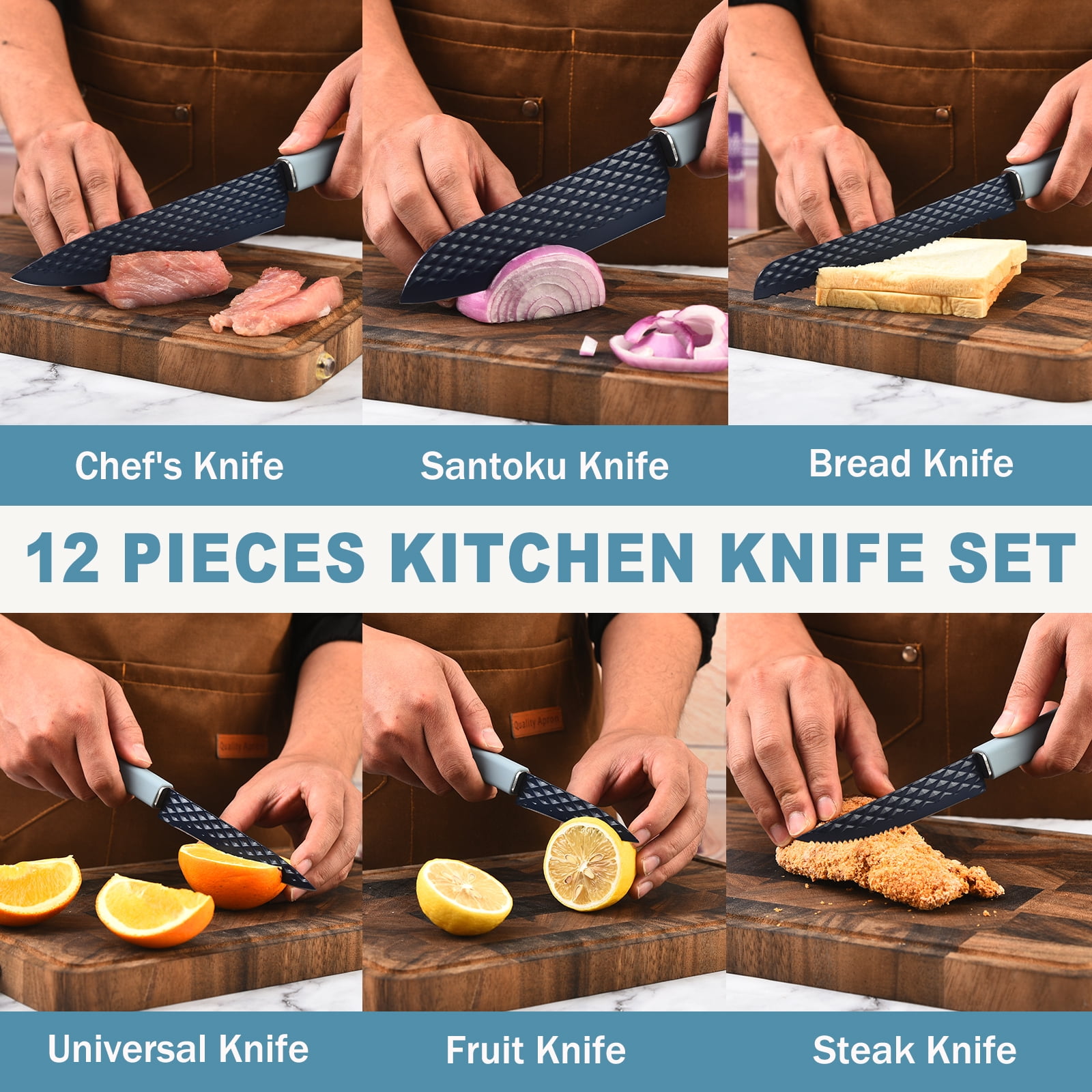 In-Drawer Kitchen Knife Set, 12 Pieces Knife Block Set with In-Drawer Knife Organizer, Sharp & Non-stick Stainless Steel Chef Knife Set, Kitchen Knives Set for Kitchen Home Apartment