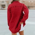 thumbnail image 4 of Domuza Denim Jacket Women Oversized Casual Long Sleeves Distressed Jean Jacket Coats Fall Stylish Button Up Frayed Hem Shacket Denim Boyfriend Shirt Red M, 4 of 5
