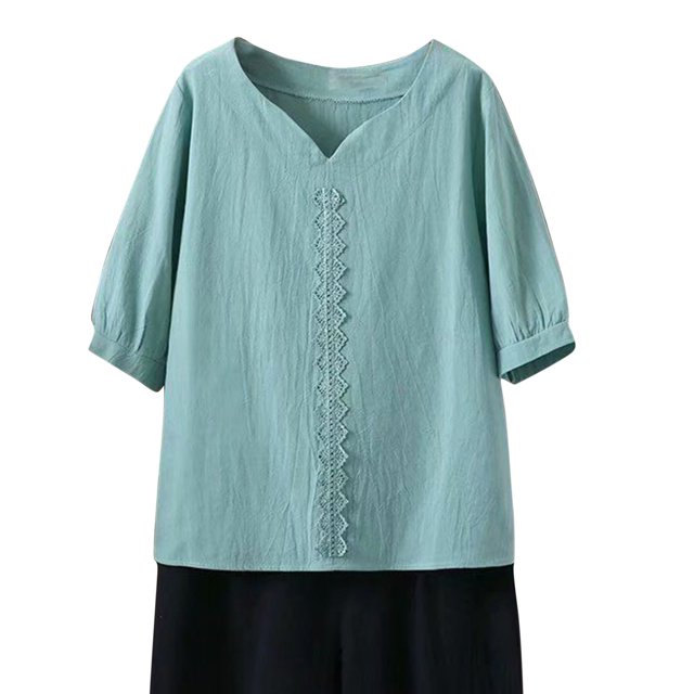 T-Shirt Décontracté à Broderie Couleur Unie Printemps Été pour Femmes, Manches Courtes Col Rond Blouse en Lin, Léger et Confortable, Doux et Respirant pour un Usage Quotidien, Coupe Décontractée