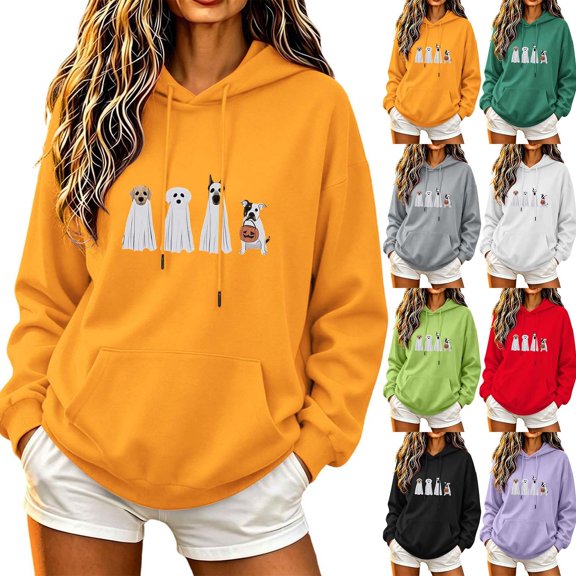Craaazy Halloween Graphic Sweatshirts for Women Plus Size Regular Fit Solid Color Hood Neck Pullover Long Sleeve Tops Ghost Pumpkin Print Front Pocket Fall Winter Daily Casual Outfit