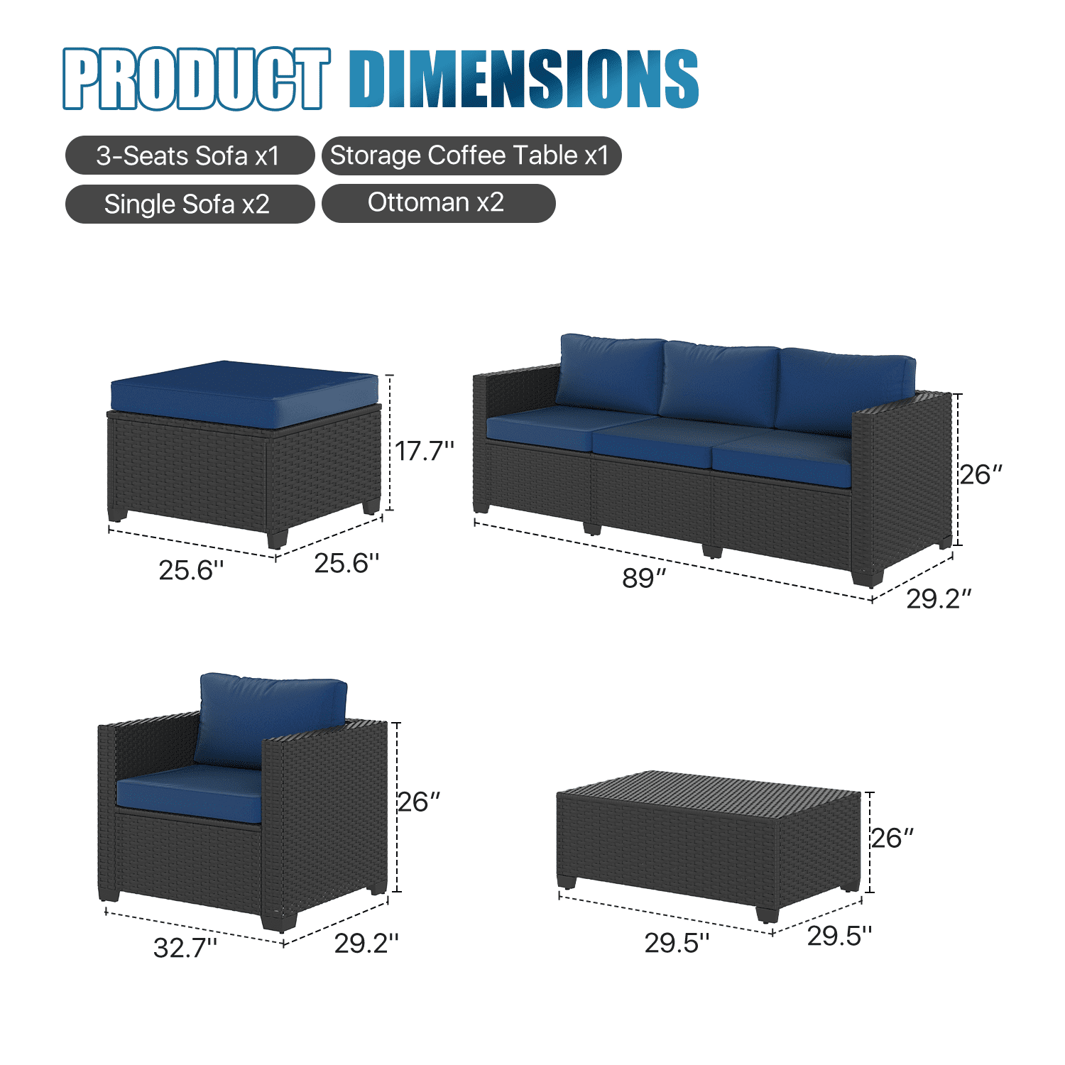 Sunmthink 8 Piece Patio Furniture Set, Rattan Wicker Patio Conversation Set Outdoor Furniture, Navy Blue