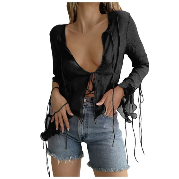 Women's Sheer Blouse Wild Flare Sleeve Tie Up Shirt Frill Cropped Cardigan Top Fashion T-Shirt