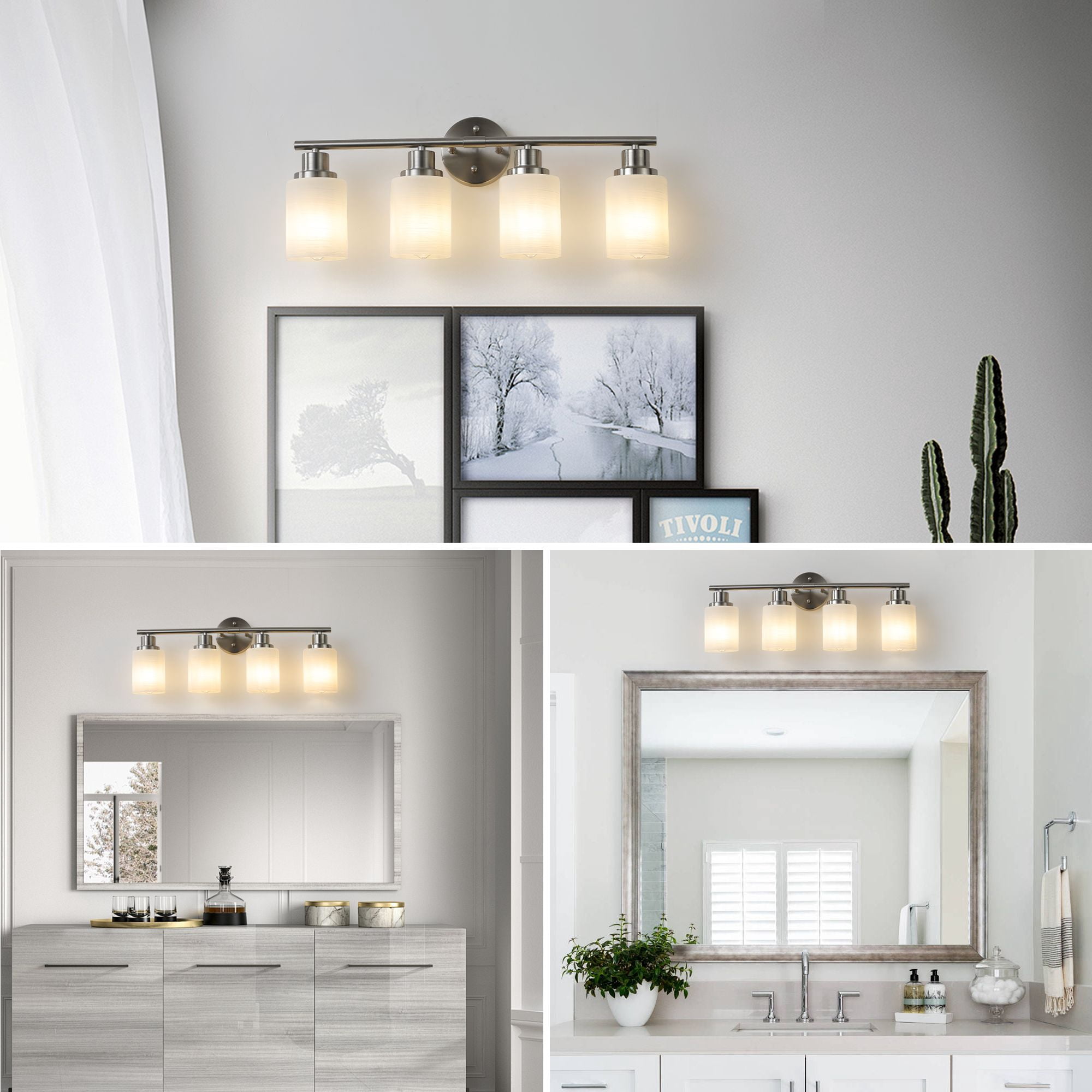 24 Inch Modern 4-Light Vanity Wall Sconce, Brushed Nickel Bathroom Light Fixture with Frosted Glass Shades for Mirror and Hallway, Hardwired (Bulbs Not Included)