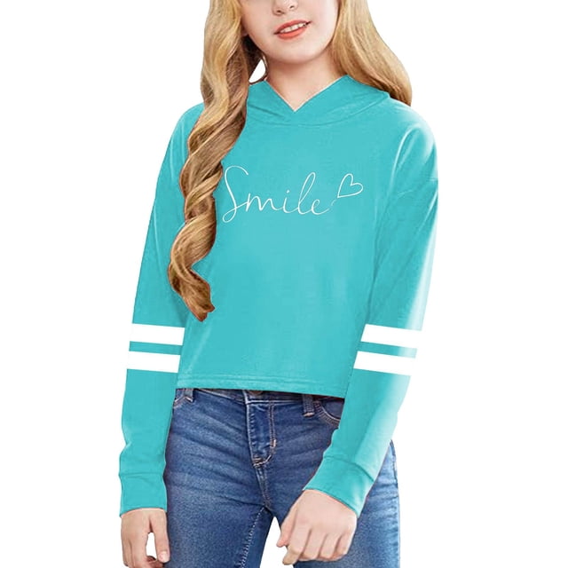 GDREDA Spring Sweatshirt Children Girls Long Sleeve Letters Solid Color Short Hoodie Hoodie Top For Large Children Sky Blue,6-7 Years