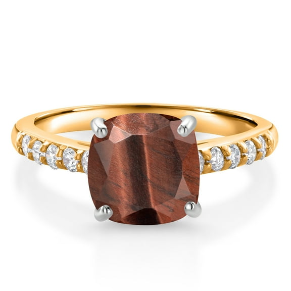 Gem Stone King 10K Yellow Gold Red Tiger Eye and White Lab Grown Diamond Engagement Ring for Women (2.20 Cttw, Cushion 8MM, Gemstone Birthstone, Size 7)