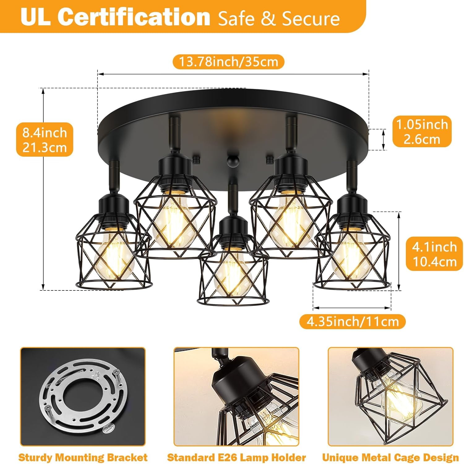 5-Light Adjustable Kitchen Light Fixtures Multi-Directional Black Ceiling Light Fixtures Semi Flush Mount Ceiling Light Vintage Metal Cage Spotlight Fixture for Hallway Dining Room Entryway
